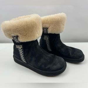 UGG‎ Women’s Size 7 Metro Tas Black Suede Shearling Ankle Boots Fur Cuff